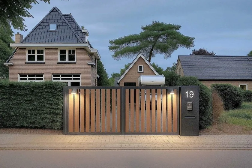 Impressies Impressie Houten schuifpoort 2 Verlichting avond fotobeeld | Consepto Hekwerk