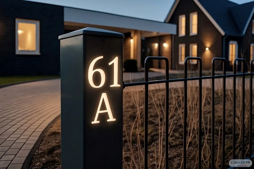 Verlichting huisnummers poortverlichting gelaserd nummer | Consepto Hekwerk